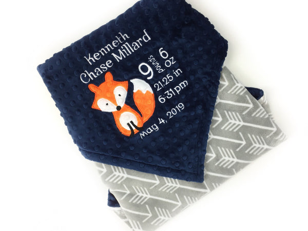 Minky Birth Stats Blanket, Grey Arrows and Navy Minky, Personalized Fox Blanket, Monogrammed Blanket, Personalized Gift for Boys