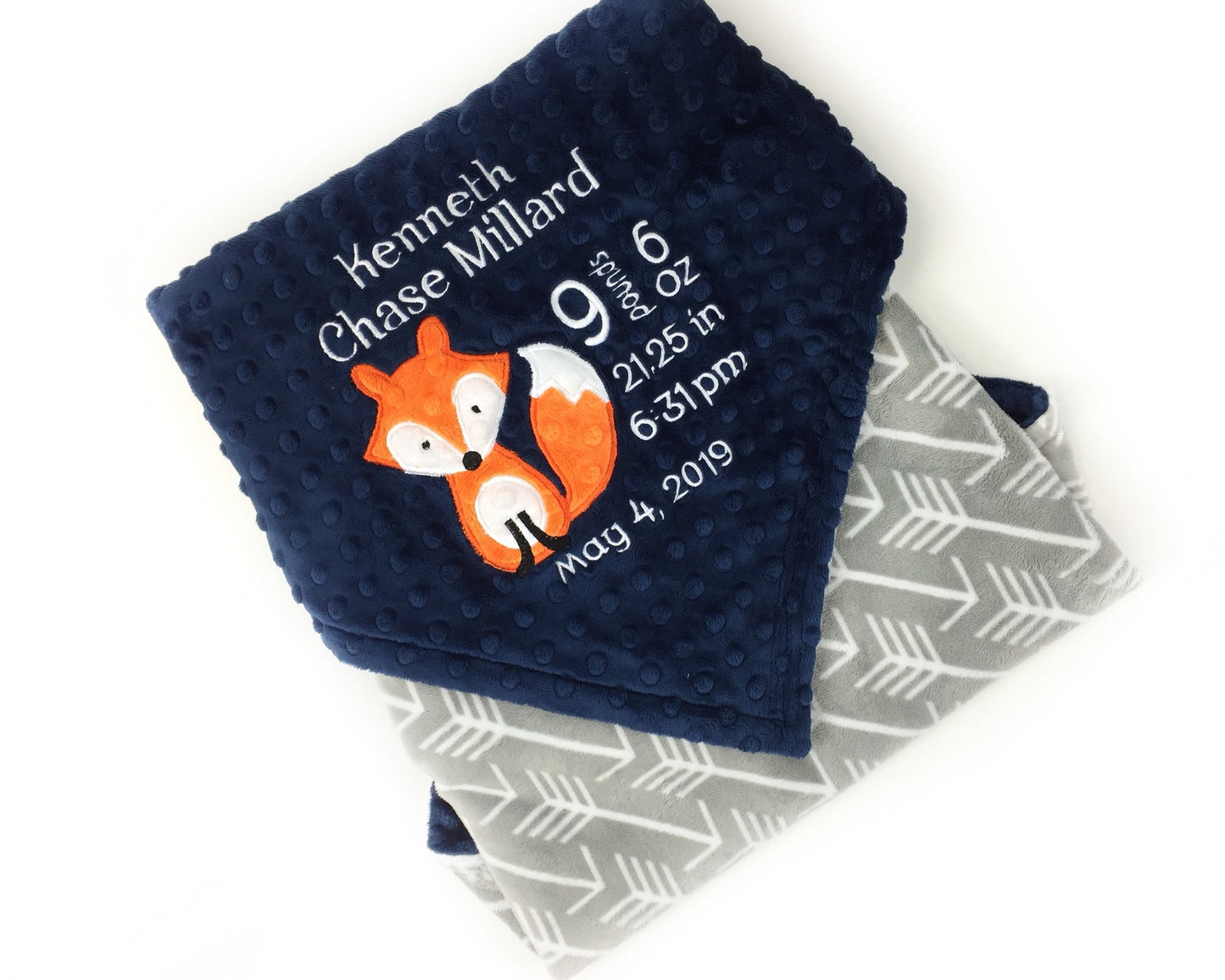 Minky Birth Stats Blanket, Grey Arrows and Navy Minky, Personalized Fox Blanket, Monogrammed Blanket, Personalized Gift for Boys
