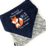 Minky Birth Stats Blanket, Grey Arrows and Navy Minky, Personalized Fox Blanket, Monogrammed Blanket, Personalized Gift for Boys