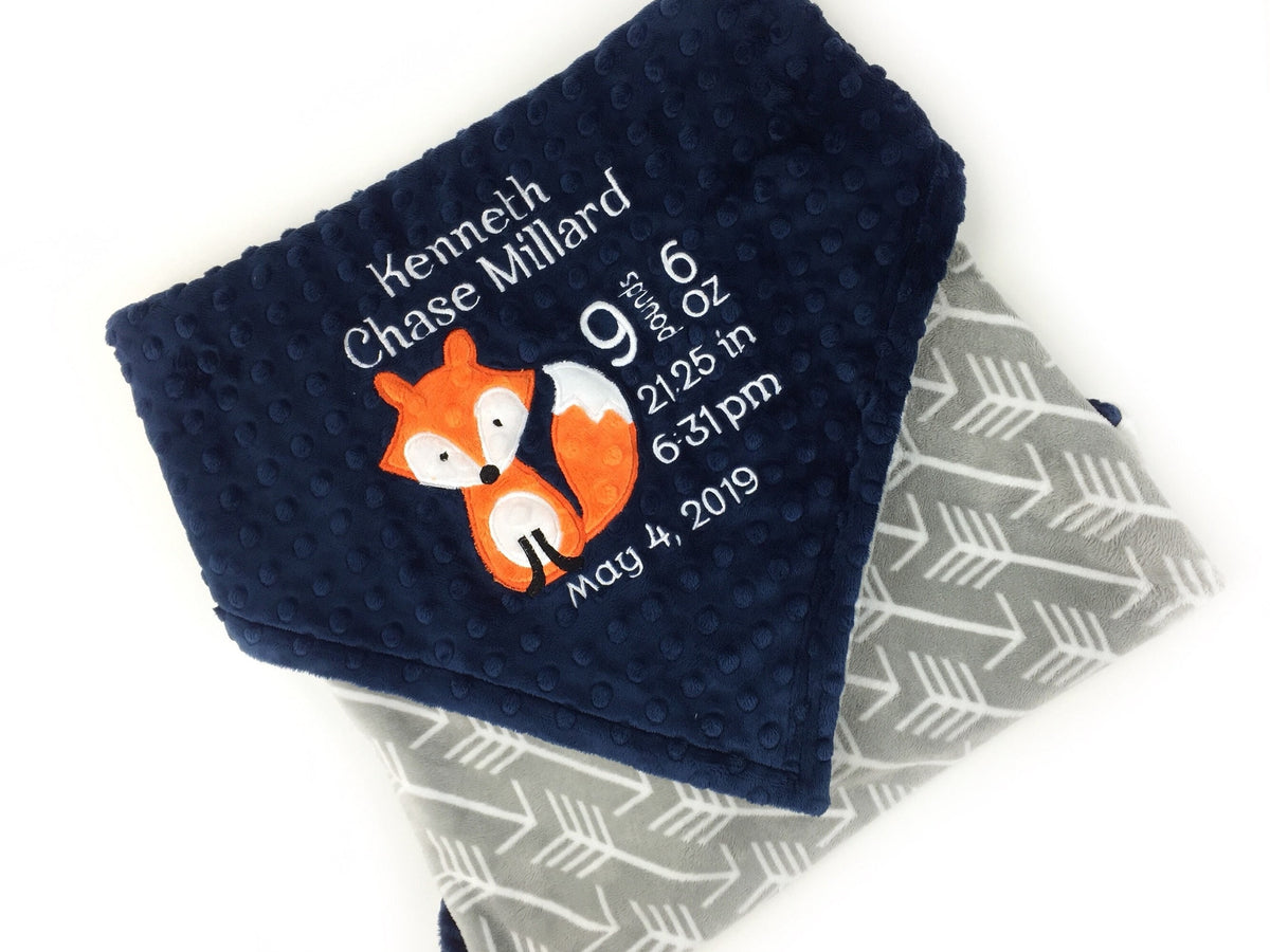 Minky Birth Stats Blanket, Grey Arrows and Navy Minky, Personalized Fox Blanket, Monogrammed Blanket, Personalized Gift for Boys