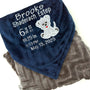 Navy blue and gray blanket with embroidered baby birth stats and a puppy applique in white