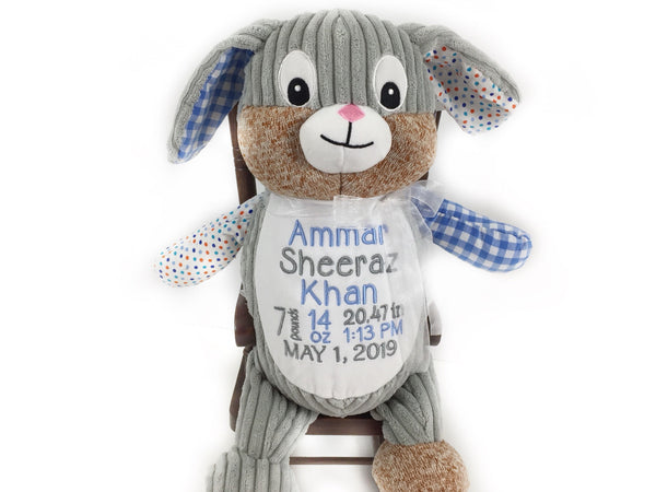 Personalized Blue Patchwork Bunny, Keepsake Gift for Newborn, 1st Birthday Gift, Christening Gift for Babies