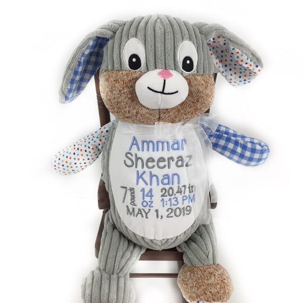 Personalized Blue Patchwork Bunny, Keepsake Gift for Newborn, 1st Birthday Gift, Christening Gift for Babies