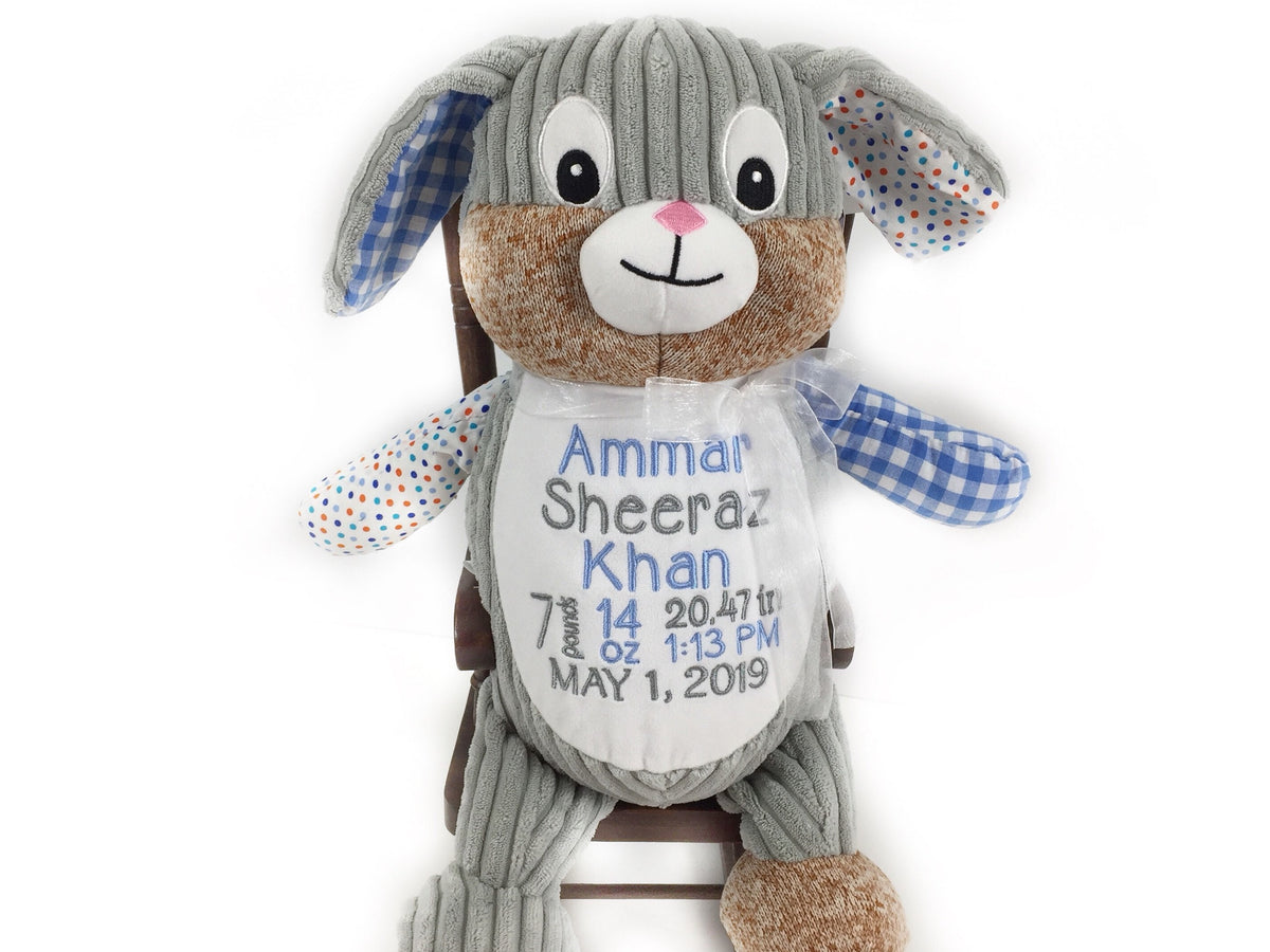 Personalized Blue Patchwork Bunny, Keepsake Gift for Newborn, 1st Birthday Gift, Christening Gift for Babies