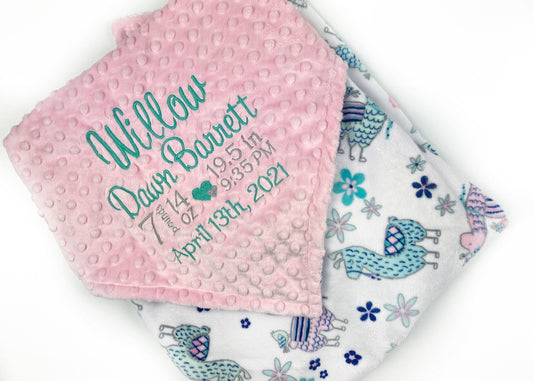 Pink Baby Blanket with Embroidered Birth Stats, Pink and Teal Llama Minky, Keepsake Gift for Baby Girl