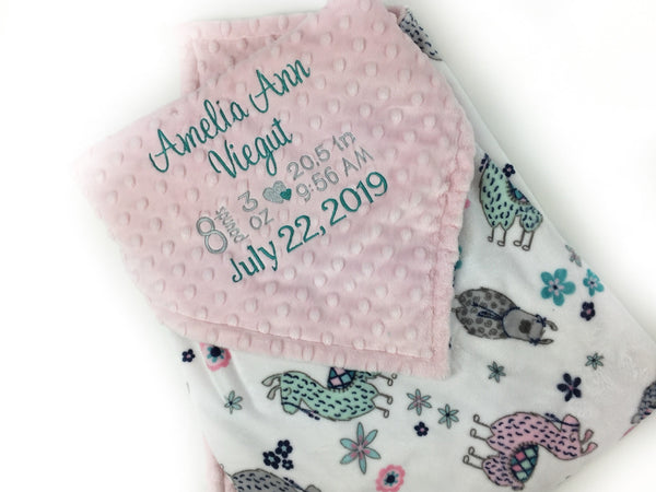 Pink Baby Blanket with Embroidered Birth Stats, Pink and Teal Llama Minky, Gift for Baby Girl