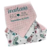 Baby blanket with pink minky and llama printed minky and personalized with embroidered birth stats.