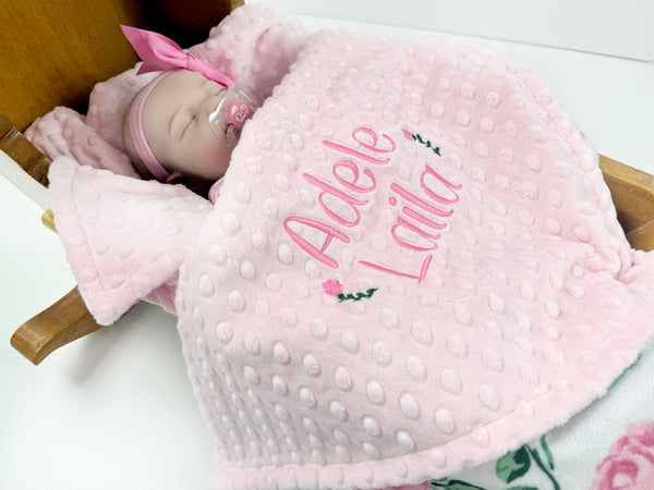 Baby Girl Blanket, Pink Roses Minky, Personalized with Name, Birth Stats Blanket, Keepsake Gift for Baby Girl, Welcome Gift for Newborn