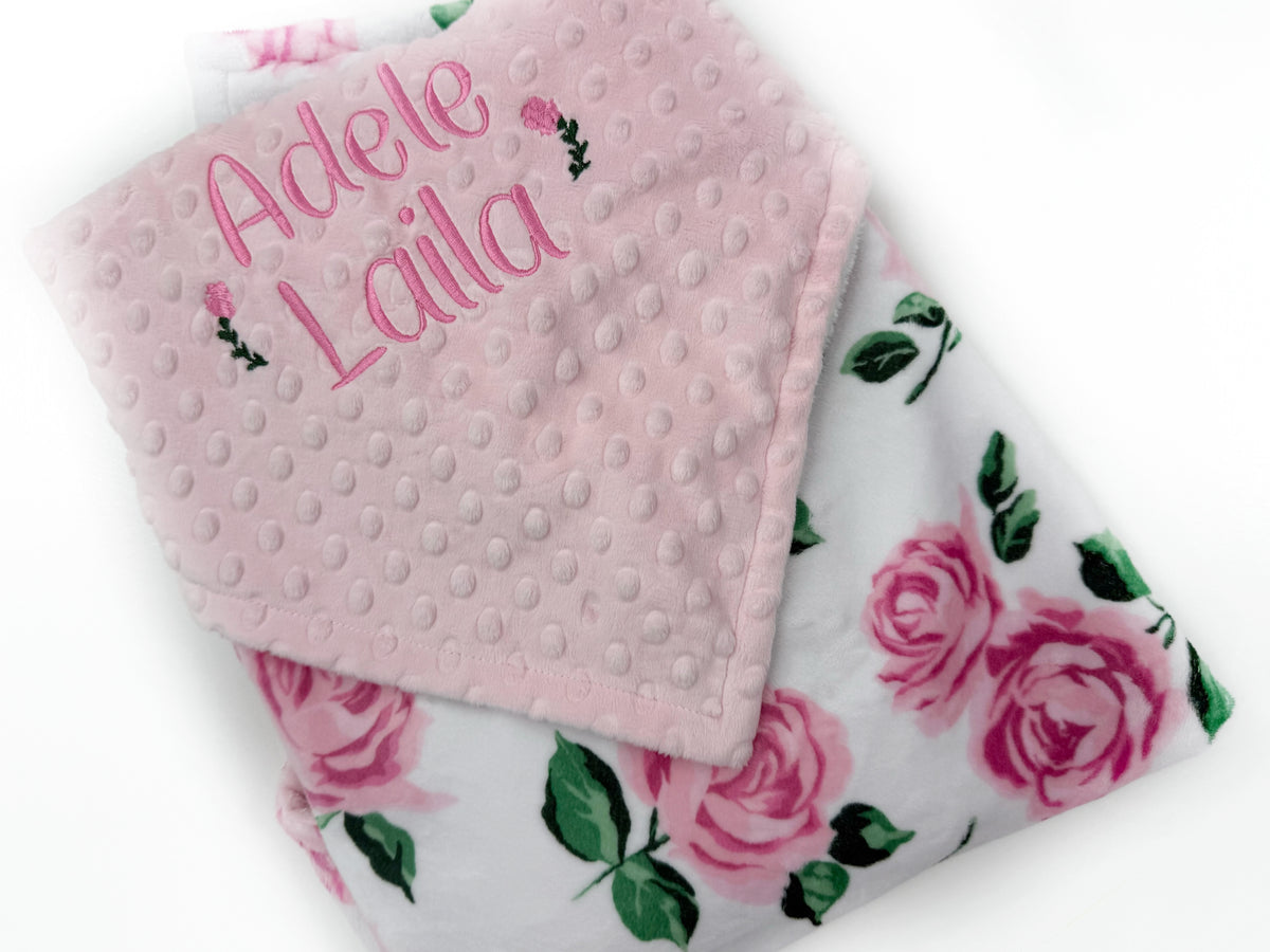Baby Girl Blanket, Pink Roses Minky, Personalized with Name, Birth Stats Blanket, Keepsake Gift for Baby Girl, Welcome Gift for Newborn