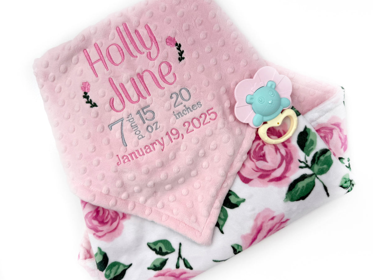 Baby Girl Blanket, Pink Roses Minky, Personalized with Name, Birth Stats Blanket, Keepsake Gift for Baby Girl, Welcome Gift for Newborn