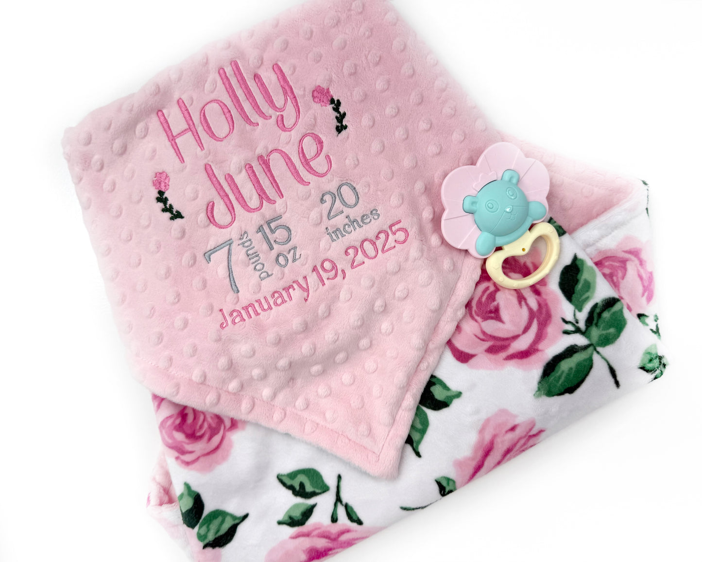 Baby Girl Blanket, Pink Roses Minky, Personalized with Name, Birth Stats Blanket, Keepsake Gift for Baby Girl, Welcome Gift for Newborn