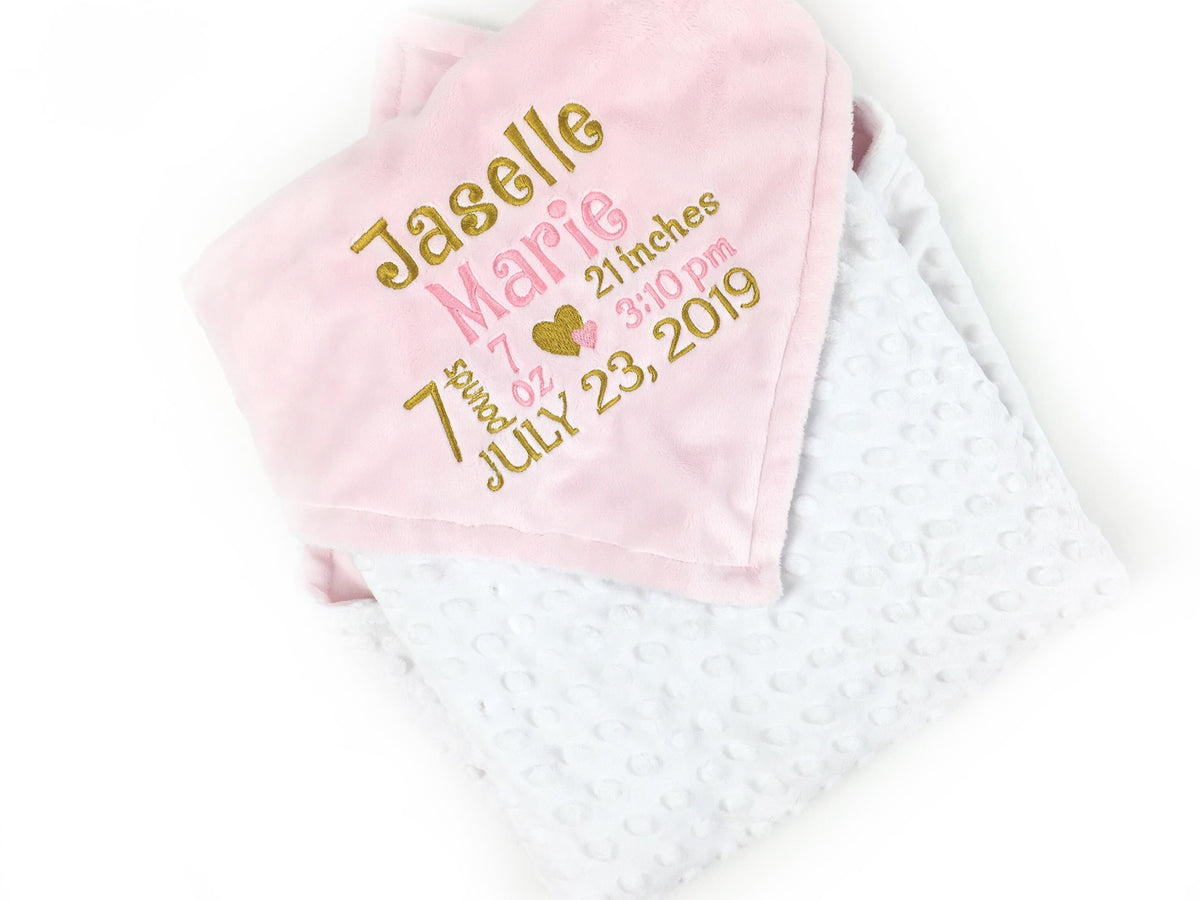 Minky Baby Blanket, Pink Gold and White, Personalize with Name or Birth Stats, Keepsake Baby Gift
