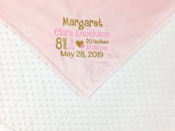 Minky Baby Blanket, Pink Gold and White, Personalize with Name or Birth Stats, Keepsake Baby Gift