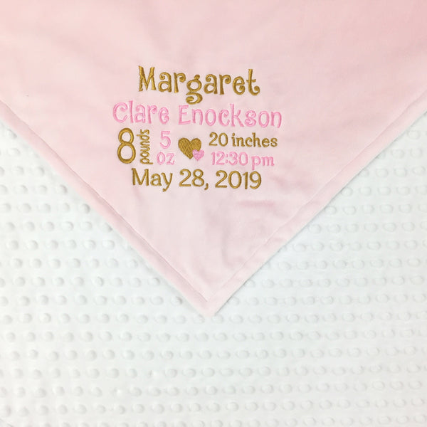 Minky Baby Blanket, Pink Gold and White, Personalize with Name or Birth Stats, Keepsake Baby Gift