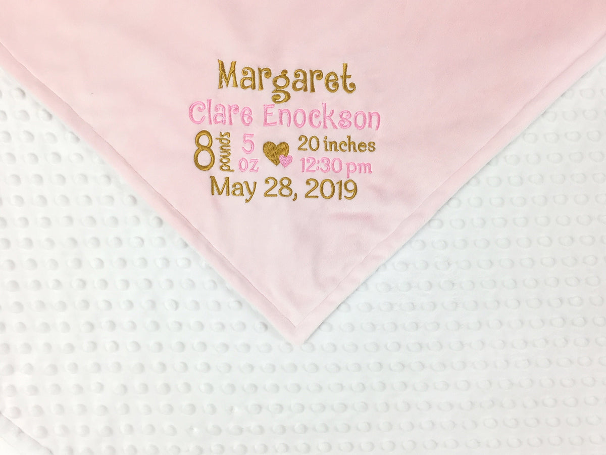 Minky Baby Blanket, Pink Gold and White, Personalize with Name or Birth Stats, Keepsake Baby Gift