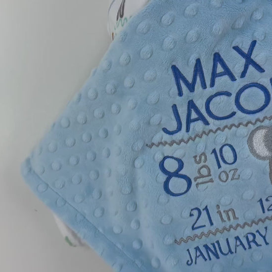 Personalized Baby Blanket in Denim Blue and Jungle Animals Minky, Embroidered Birth Stats with Elephant, Baby Boy Gift