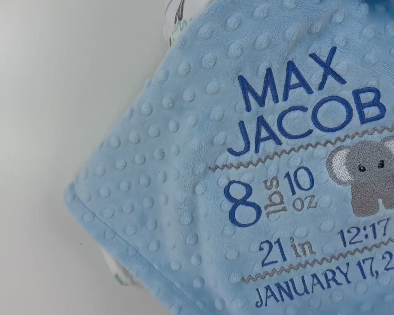 Personalized Baby Blanket in Denim Blue and Jungle Animals Minky, Embroidered Birth Stats with Elephant, Baby Boy Gift