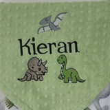 Personalized dinosaur baby blanket with embroidered baby name on sage green dimple minky and colorful dinosaur print backing