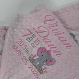 Pink minky blanket with birth stats and elephant