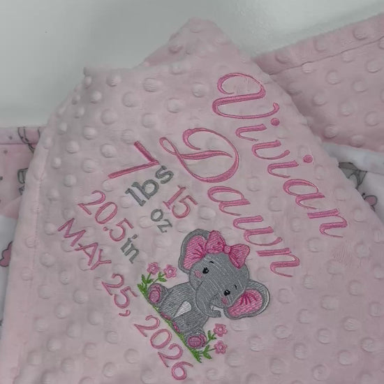 Pink minky blanket with birth stats and elephant