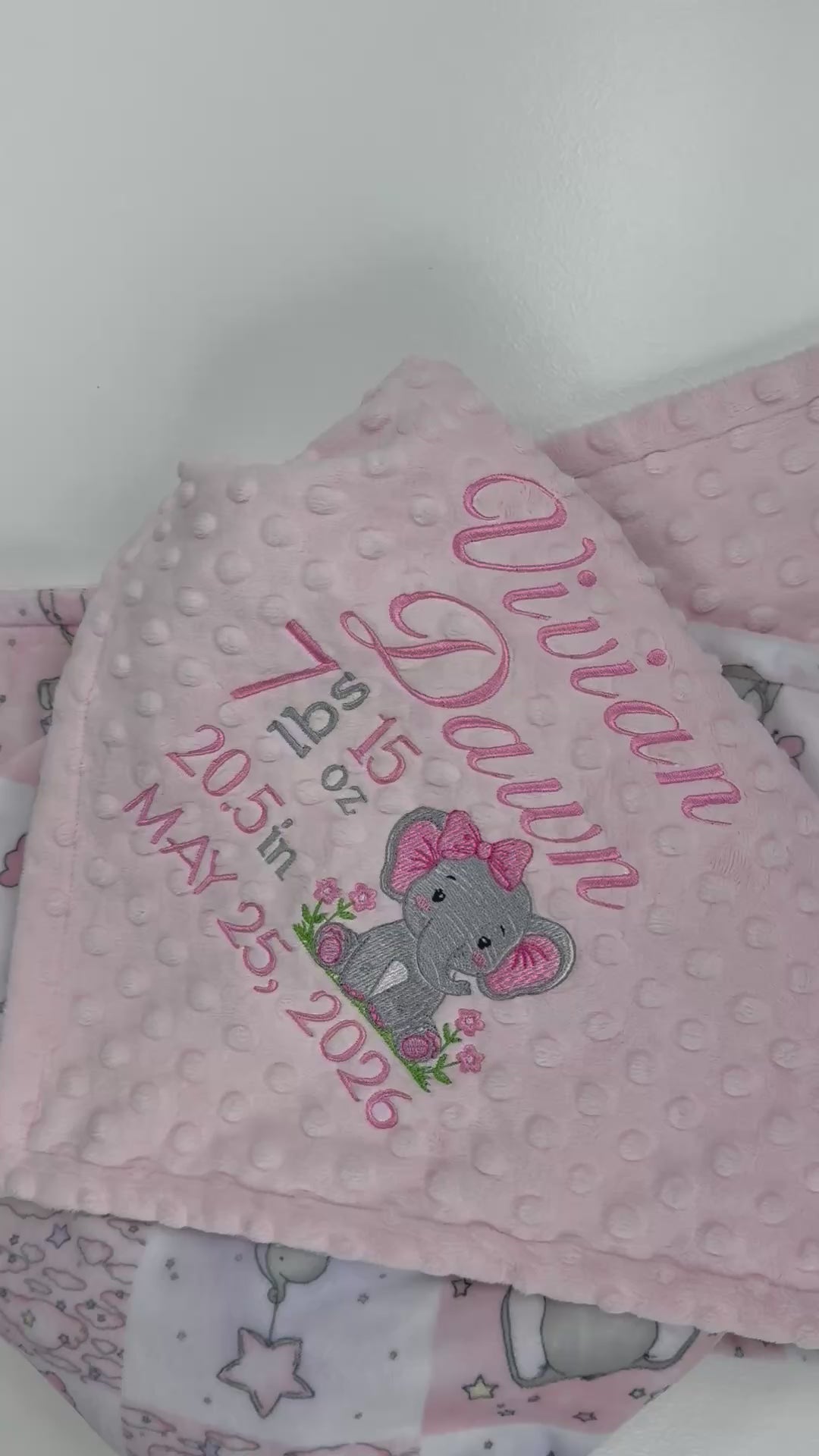Pink minky blanket with birth stats and elephant