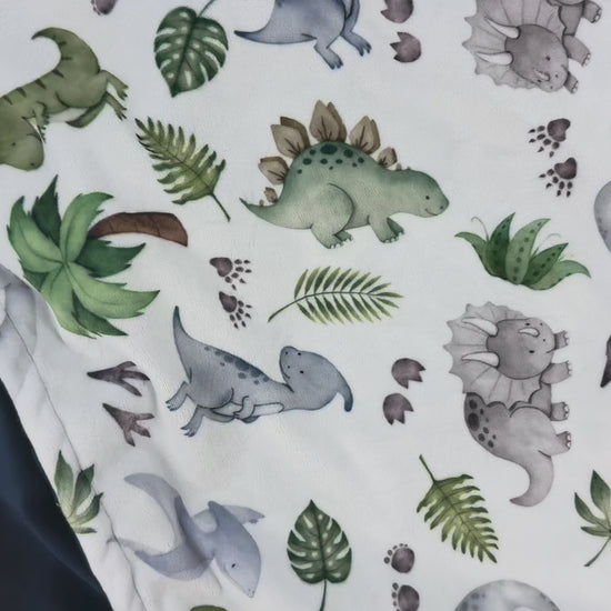 Personalized Baby Blanket, Navy with Dinosaur Applique and Birth Stats