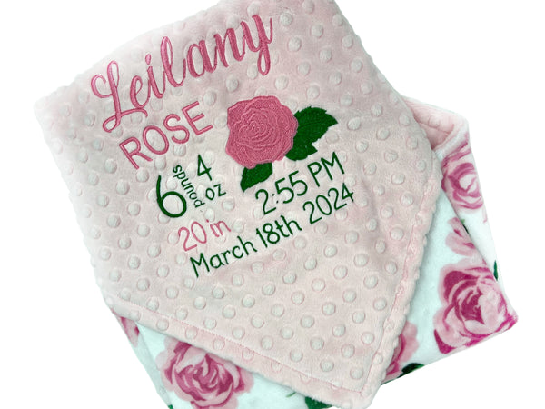 Baby Girl Blanket, Pink Roses Minky, Personalized with Name, Birth Stats Blanket