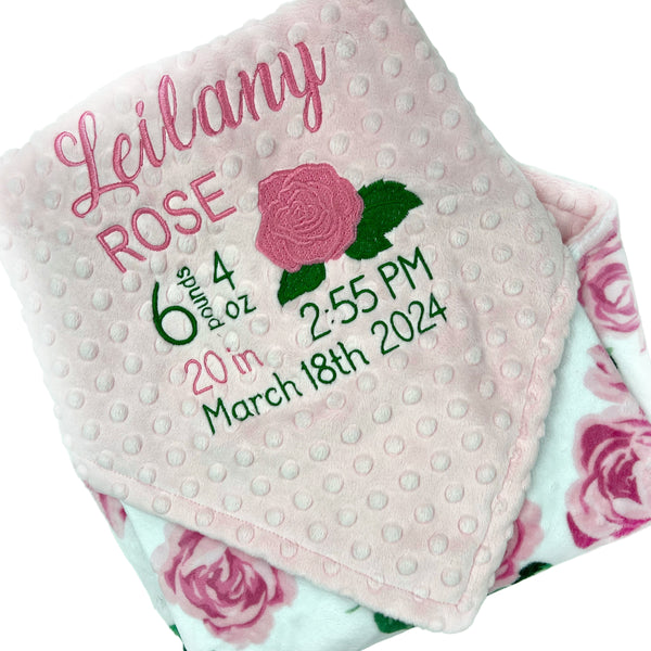 Baby Girl Blanket, Pink Roses Minky, Personalized with Name, Birth Stats Blanket