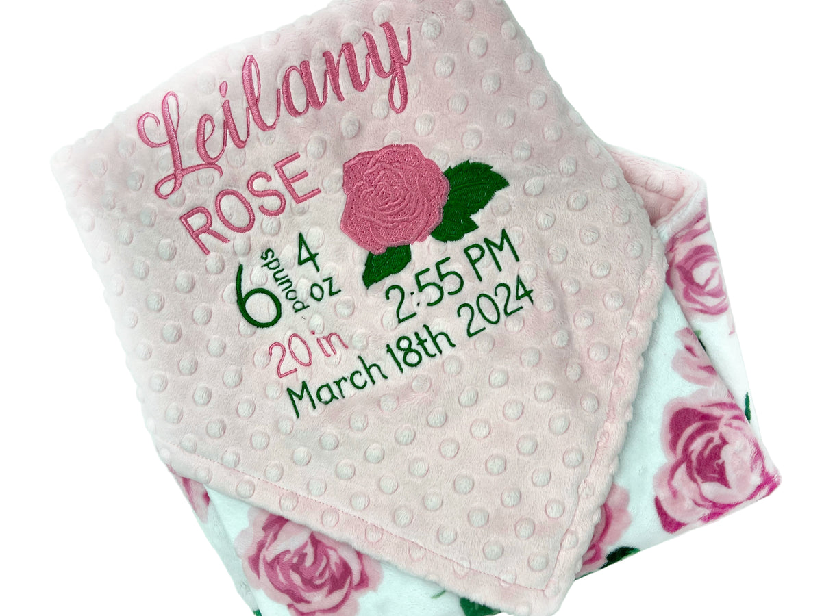 Baby Girl Blanket, Pink Roses Minky, Personalized with Name, Birth Stats Blanket