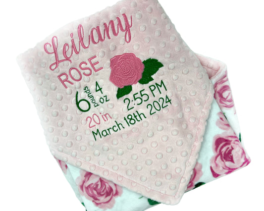 Baby Girl Blanket, Pink Roses Minky, Personalized with Name, Birth Stats Blanket