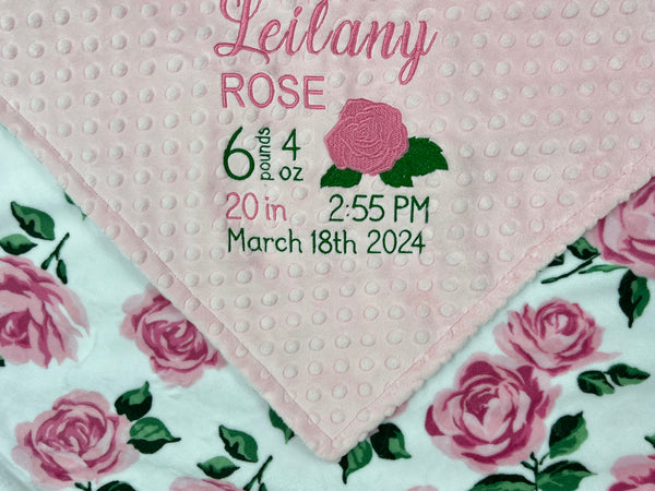 Baby Girl Blanket, Pink Roses Minky, Personalized with Name, Birth Stats Blanket