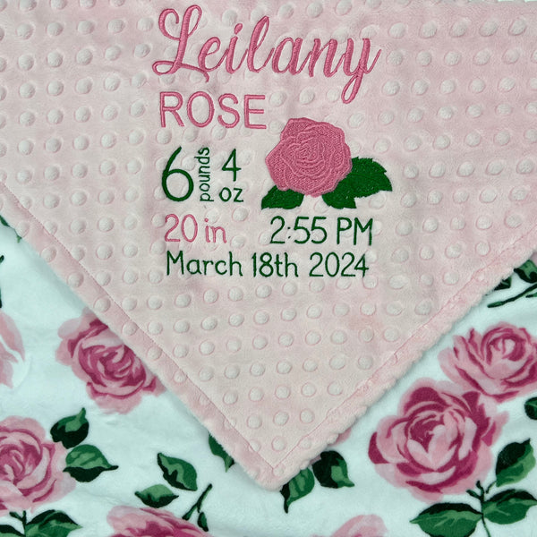 Baby Girl Blanket, Pink Roses Minky, Personalized with Name, Birth Stats Blanket
