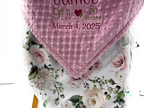 Birth Stats Minky Blanket in Dusty Pink Floral Print, a Keepsake Gift for Girls