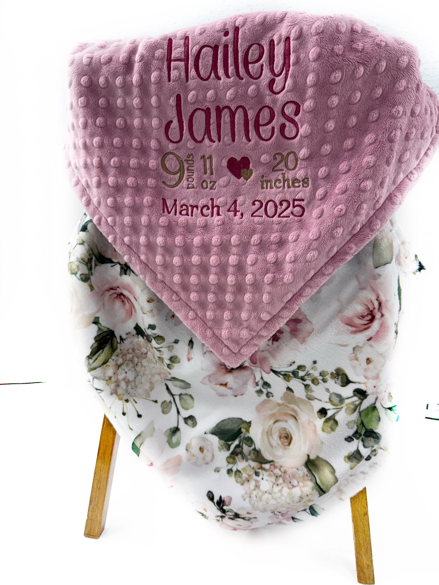 Birth Stats Minky Blanket in Dusty Pink Floral Print, a Keepsake Gift for Girls