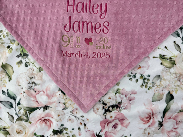Birth Stats Minky Blanket in Dusty Pink Floral Print, a Keepsake Gift for Girls