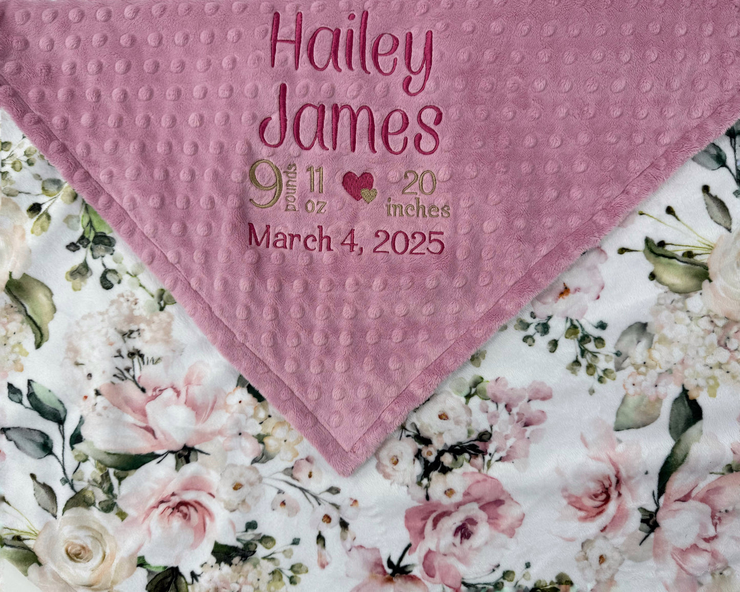 Birth Stats Minky Blanket in Dusty Pink Floral Print, a Keepsake Gift for Girls
