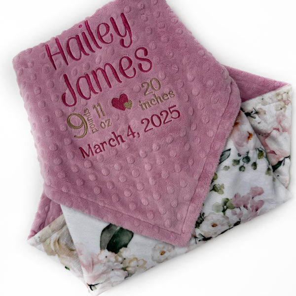 Birth Stats Minky Blanket in Dusty Pink Floral Print, a Keepsake Gift for Girls