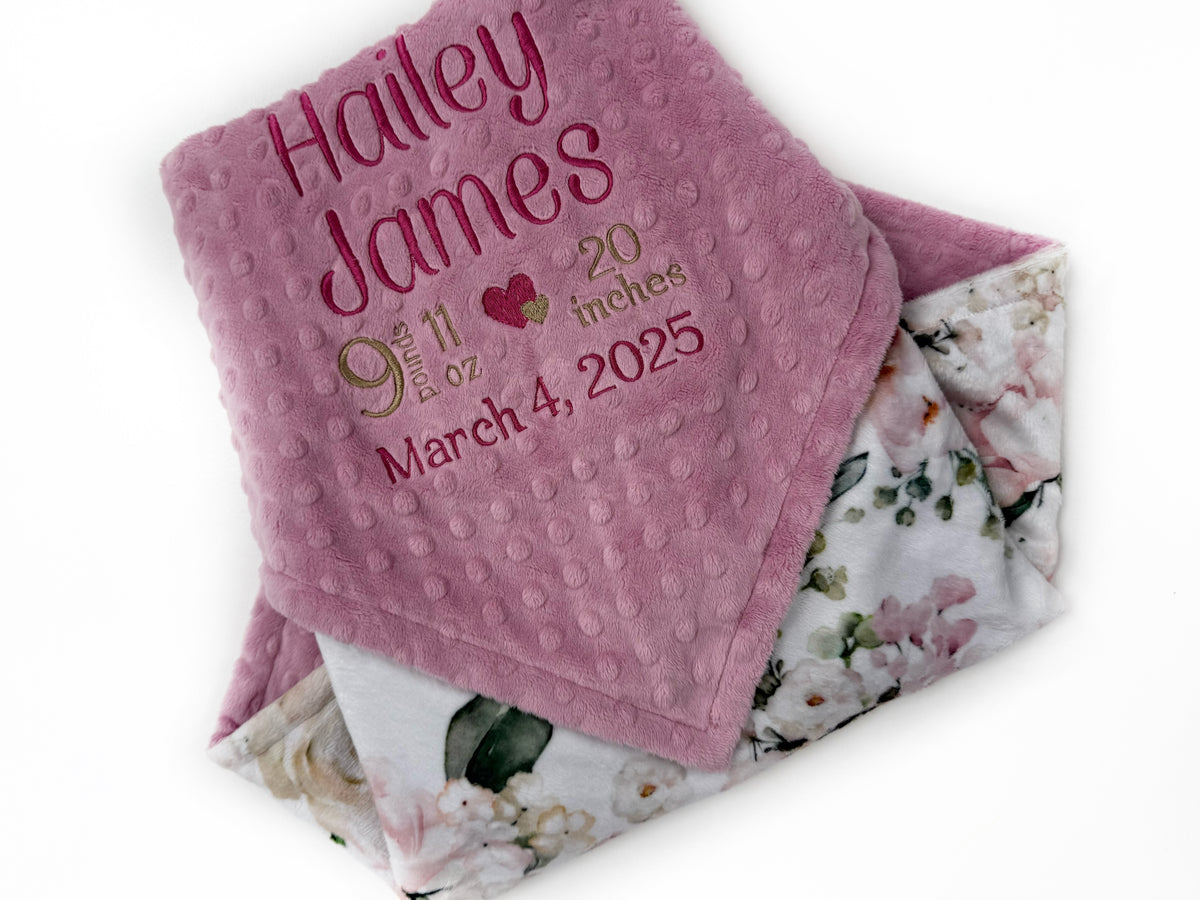 Birth Stats Minky Blanket in Dusty Pink Floral Print, a Keepsake Gift for Girls