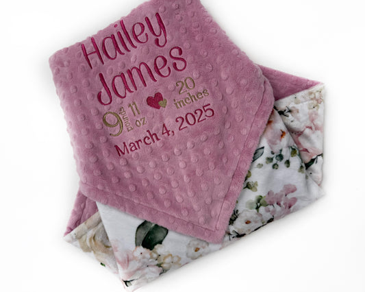 Birth Stats Minky Blanket in Dusty Pink Floral Print, a Keepsake Gift for Girls