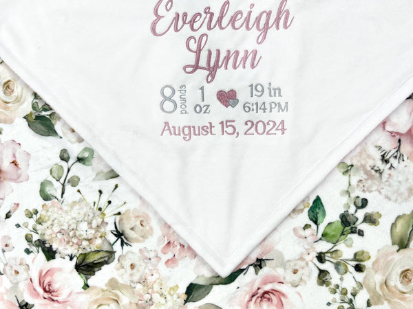 Birth Stats Blanket, White and Dusty Pink Flowers, Personalized Minky Blanket, Plush Keepsake Gift for Girls, Newborn Baby Gift