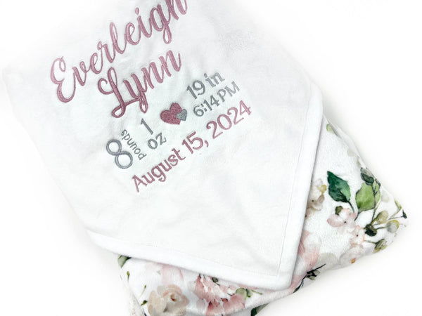 Birth Stats Blanket, White and Dusty Pink Flowers, Personalized Minky Blanket, Plush Keepsake Gift for Girls, Newborn Baby Gift