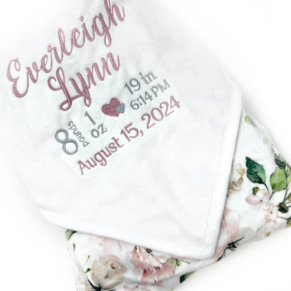 Birth Stats Blanket, White and Dusty Pink Flowers, Personalized Minky Blanket, Plush Keepsake Gift for Girls, Newborn Baby Gift