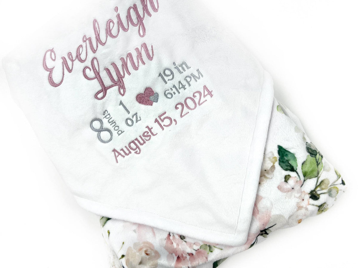 Birth Stats Blanket, White and Dusty Pink Flowers, Personalized Minky Blanket, Plush Keepsake Gift for Girls, Newborn Baby Gift