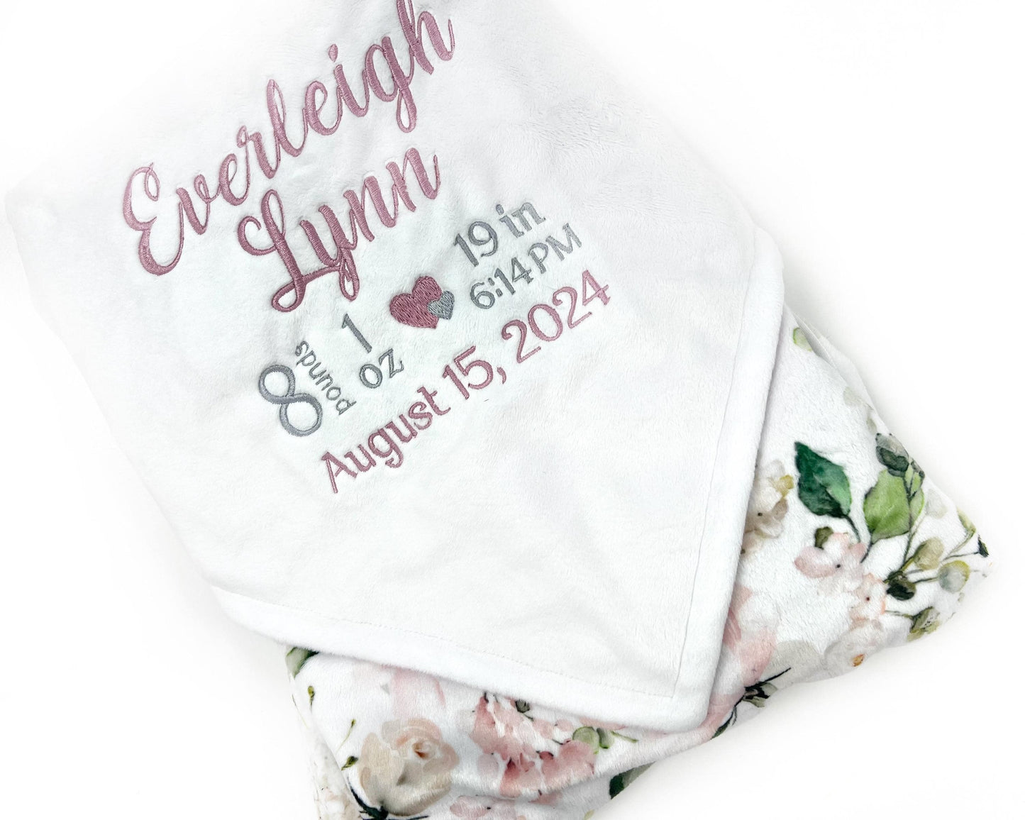 Birth Stats Blanket, White and Dusty Pink Flowers, Personalized Minky Blanket, Plush Keepsake Gift for Girls, Newborn Baby Gift