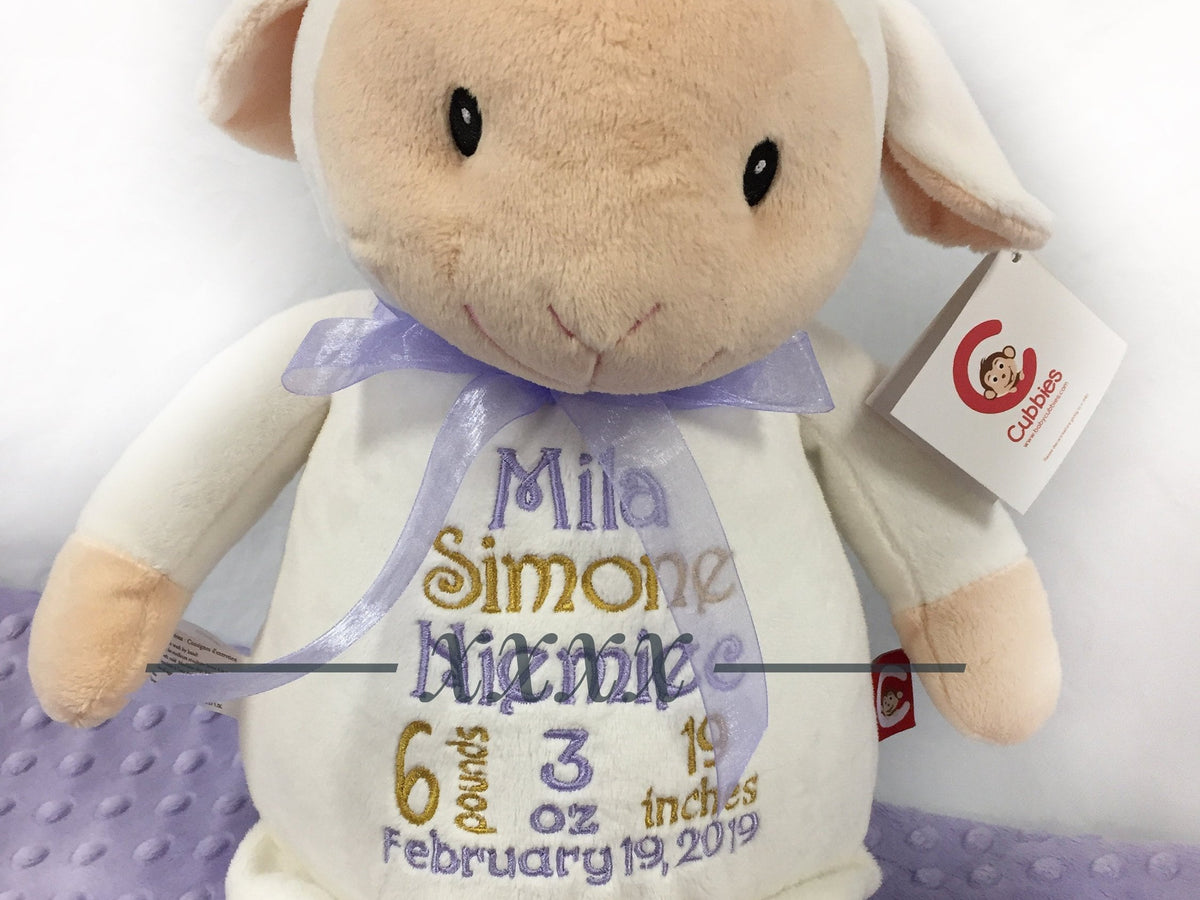 Personalized Fluffy Lamb, Birth Stats, Stuffed Animal, Newborn Gift, 1st Birthday Gift, Christening Gift for Babies