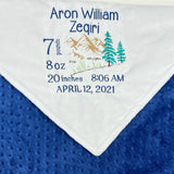 Personalized Baby Blanket, White and Blue Minky, Embroidered Mountain Design, Birth Stats, Plush Keepsake Gift, Mountain Nursery Theme