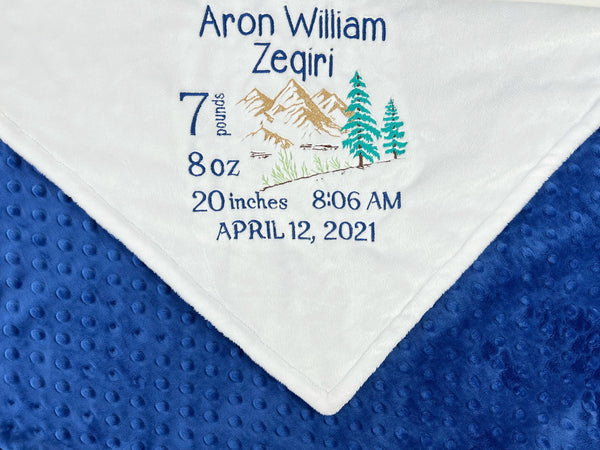 Personalized Baby Blanket, White and Blue Minky, Embroidered Mountain Design, Birth Stats, Plush Keepsake Gift, Mountain Nursery Theme