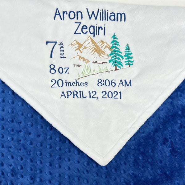 Personalized Baby Blanket, White and Blue Minky, Embroidered Mountain Design, Birth Stats, Plush Keepsake Gift, Mountain Nursery Theme