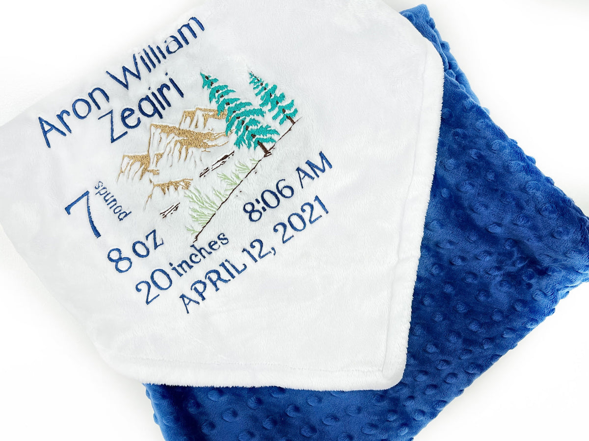 Personalized Baby Blanket, White and Blue Minky, Embroidered Mountain Design, Birth Stats, Plush Keepsake Gift, Mountain Nursery Theme