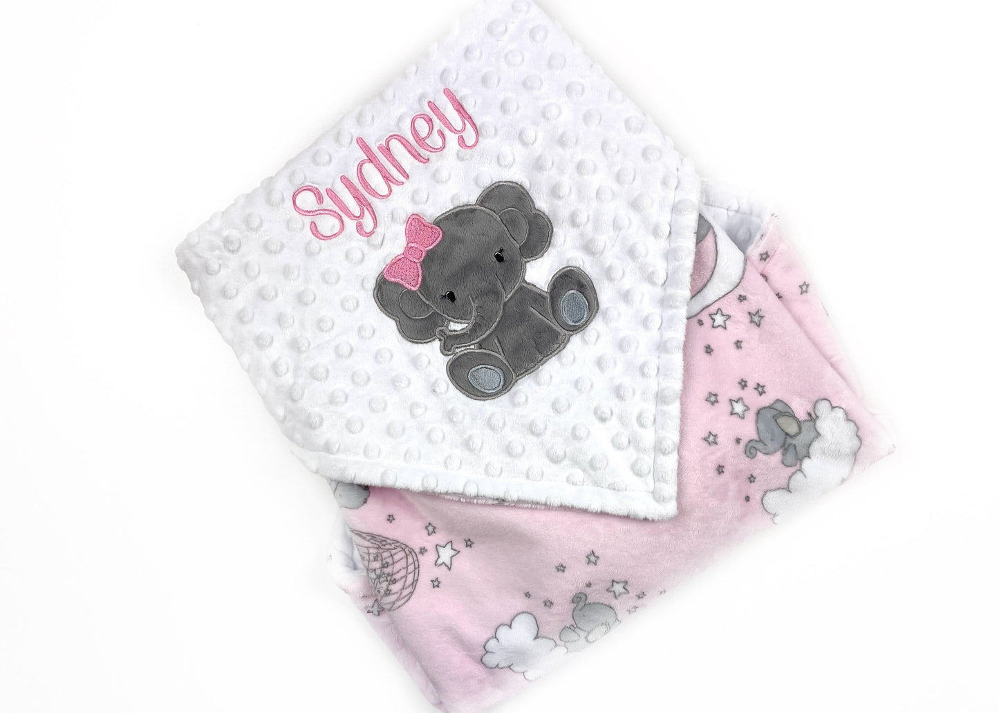 Custom Minky Baby Blanket, Pink and White Minky, Elephant Blanket, Personalized Gift for Newborn Baby Girl, Keepsake Baby Gift